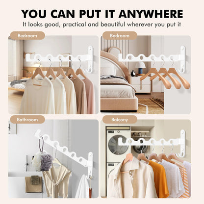 MEIJO Wall-Mounted Clothes Rack White, Foldable Wall Mounted Clothes Rail, 90° Rotation Heavy Duty Wall Clothing Drying Rack Wall Coat Rack for