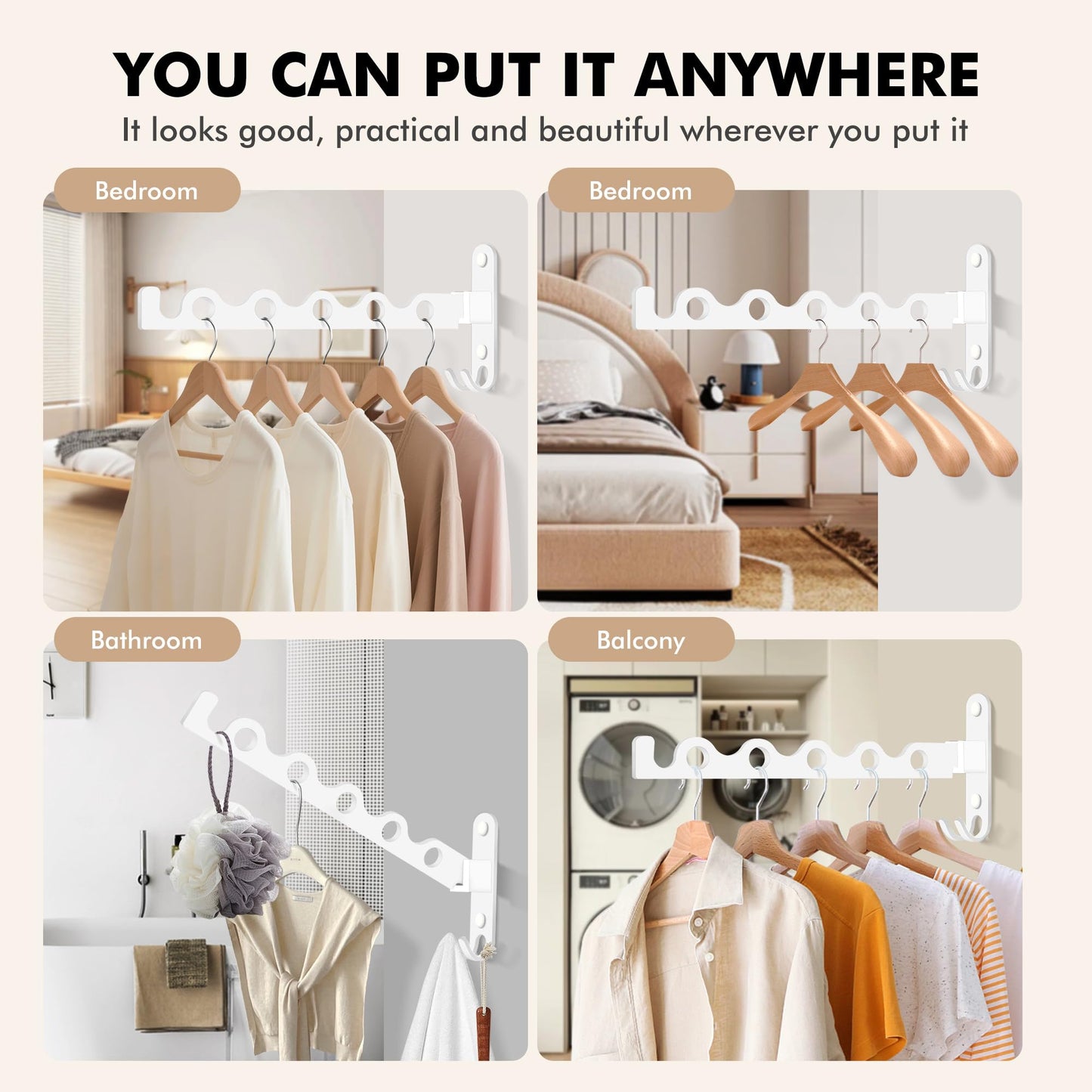 MEIJO Wall-Mounted Clothes Rack White, Foldable Wall Mounted Clothes Rail, 90° Rotation Heavy Duty Wall Clothing Drying Rack Wall Coat Rack for