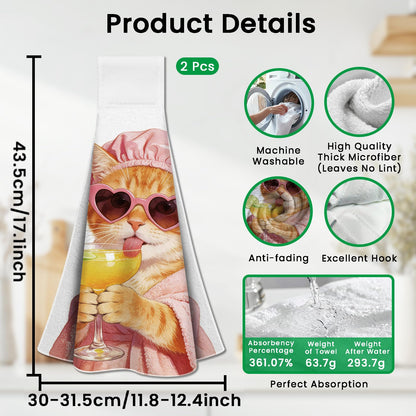 CUTHOLLOW 2 Pcs Funny Cat and Cocktail Hanging Kitchen Towels with Loop