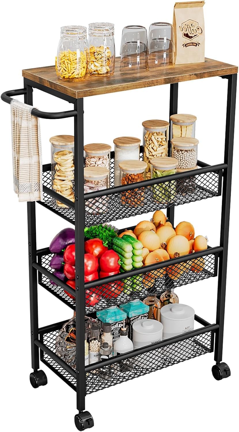 Dazioter Slim Rolling Cart 4 Tier Narrow Storage Cart on Wheels with MDF Board Top and Metal Handle for Small Space Kitchen Living Room Home Office