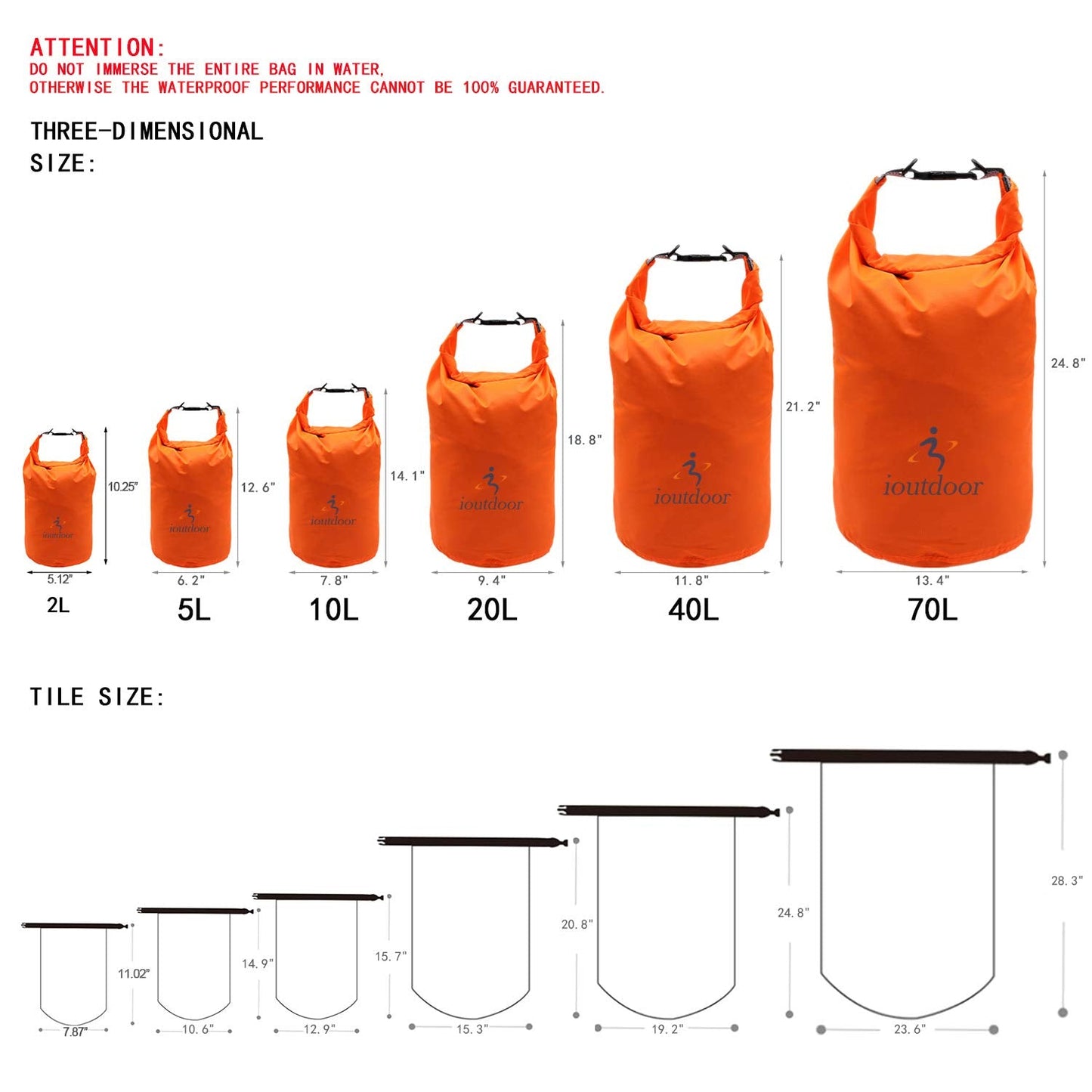 ioutdoor Dry Bag Set 2L + 5L + 10L + 20L+ 40L+ 70L Waterproof Small Lightweight Dry Bags for Paddle Board Kayaking Swimming Fishing Camping Hiking