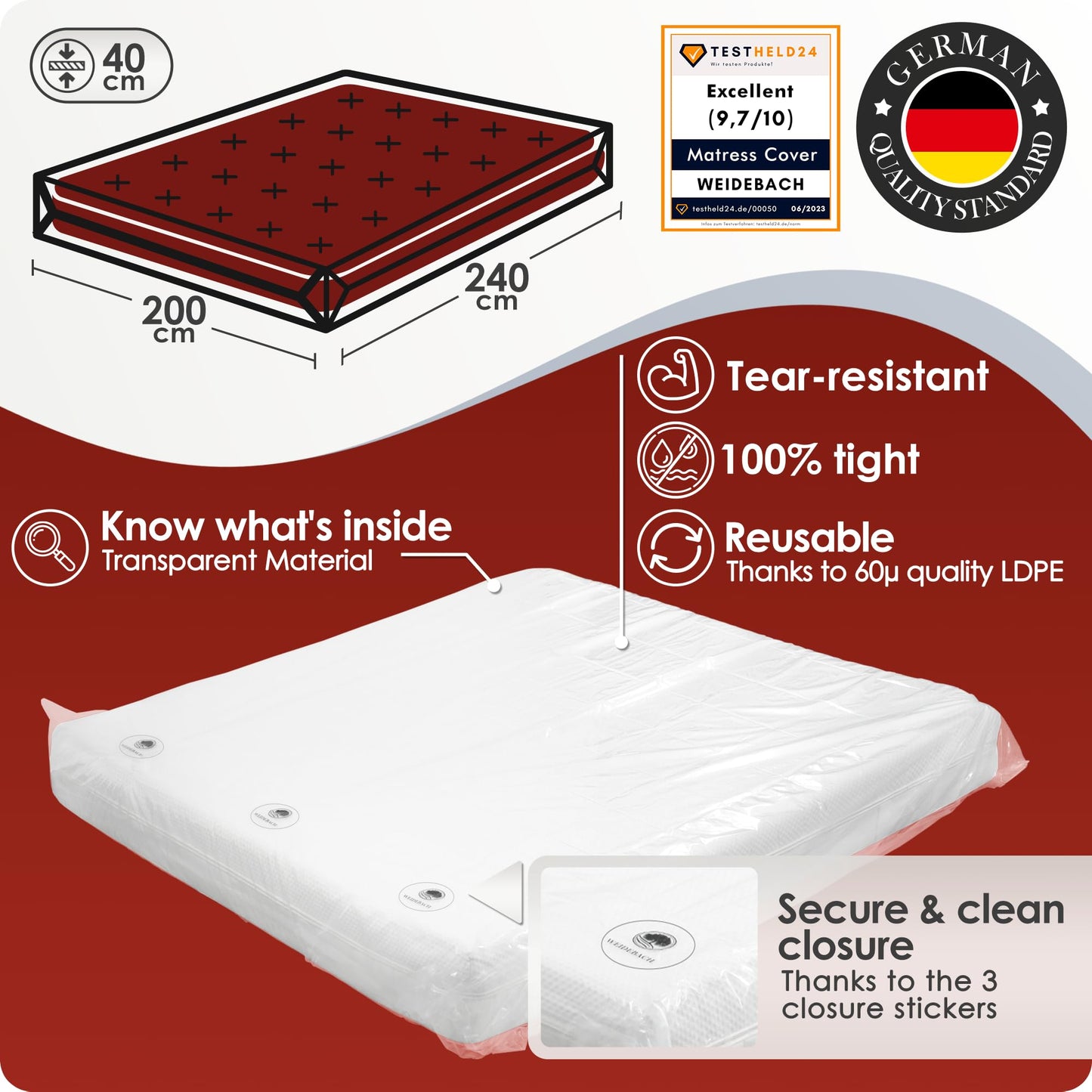 WEIDEBACH® Robust mattress cover, mattress bag for 180 x 200 cm king