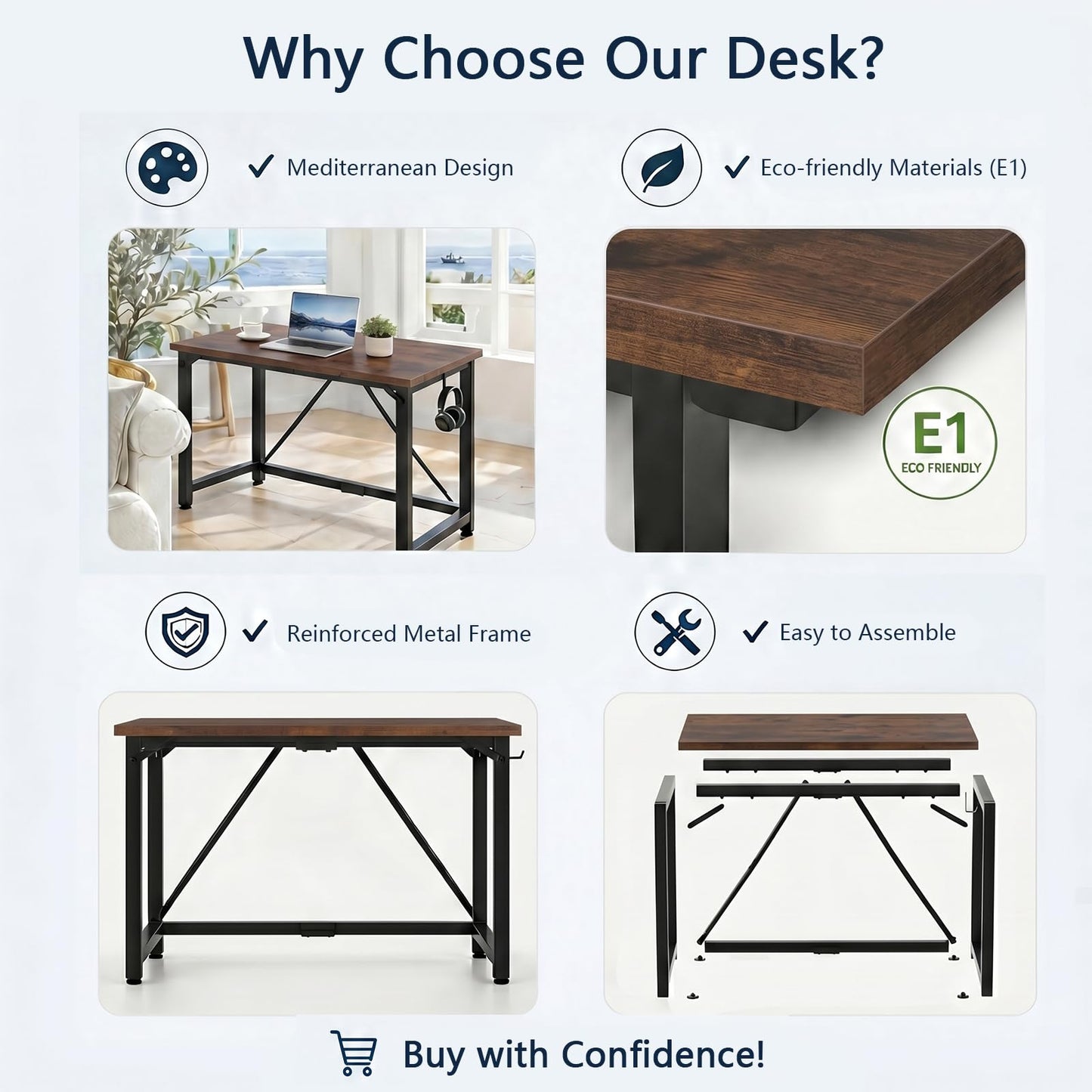 JUMMICO 100×50cm Computer Desk, Compact Home Office Writing Desk, Small Study Laptop Workstation for Limited Space, Quick Assembly, Metal Frame
