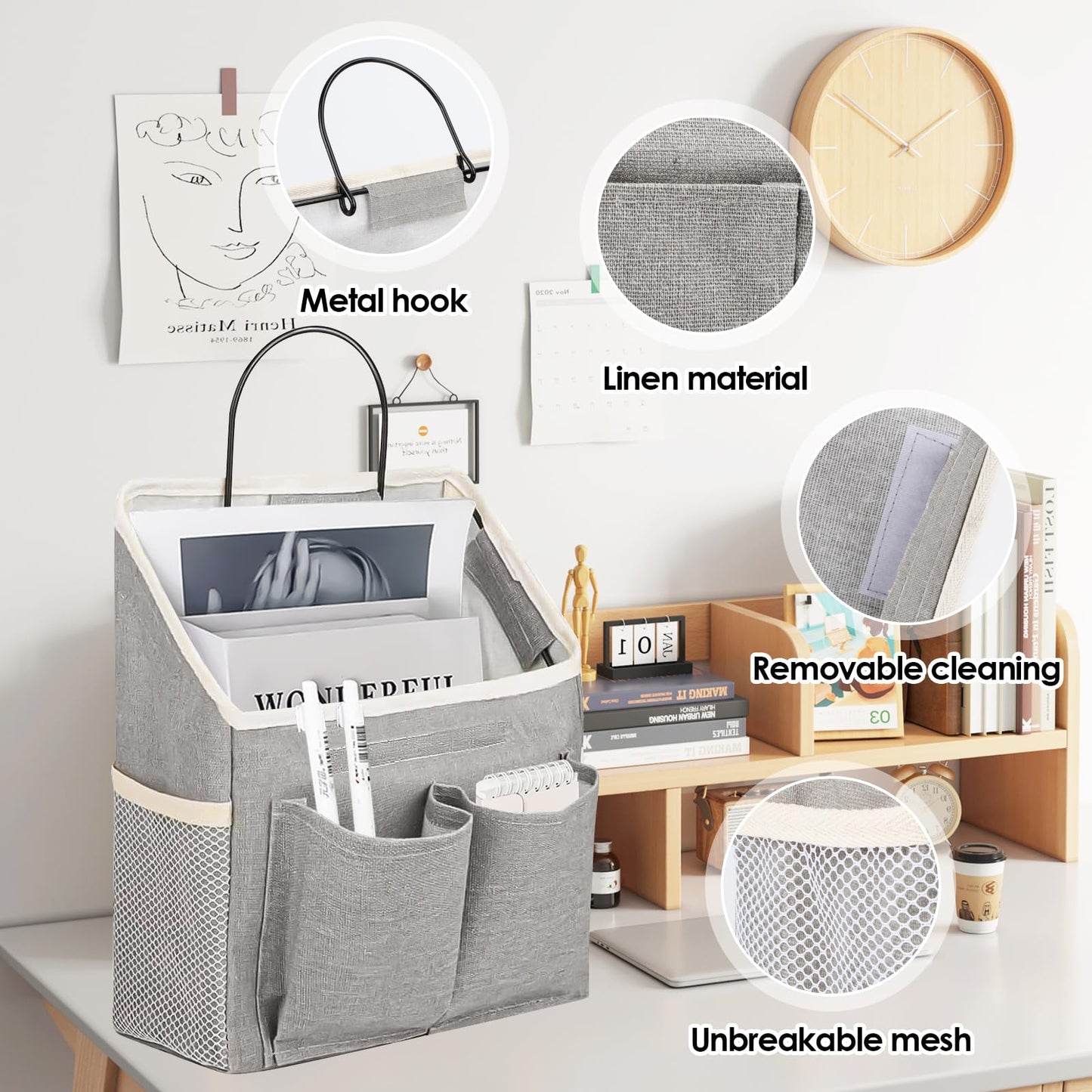 Pack of 2 Hanging Organisers, Hanging Storage Organisers, Waterproof Wall Hanging Bags, Foldable Linen Fabric Basket with Pockets