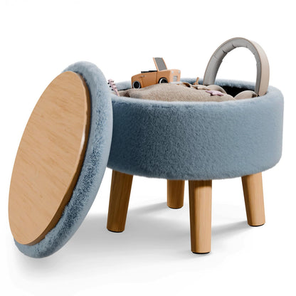BRIAN & DANY Footstool with Storage, Faux Fur Round Storage Ottoman, Foot Stool with Legs Sofa Footrest for Living Room Entryway Office, Blue