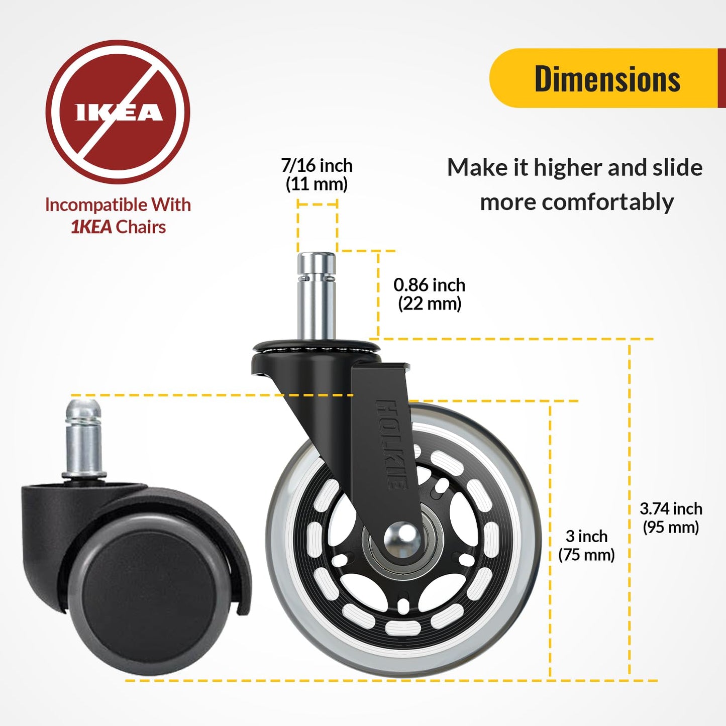 HOLKIE Office Chair Wheels 11x22mm Replacement Desk Chair Wheels for Hard Floor Casters Set of 5 Heavy Duty Wheel Replacement for Computer Gaming