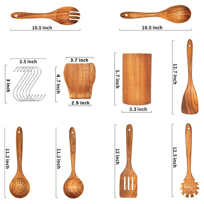 Wooden Spoons for Cooking, 9Pcs Wooden Utensils for Cooking,Wooden Cooking Utensils with Comfort Grip,Teak Wooden Kitchen Utensil Set with Utensils
