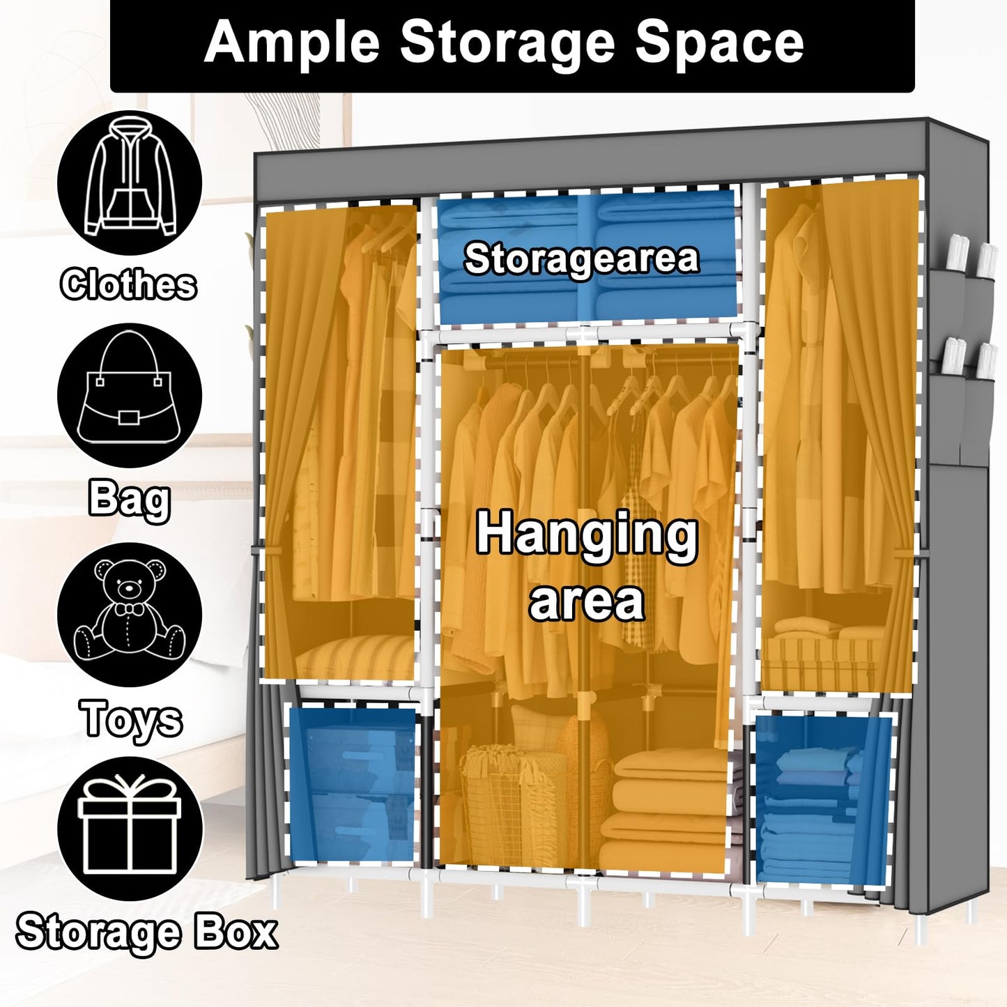 OPPAIYA Canvas Wardrobe, Fabric Wardrobes with 4 Hanging Rails, 4 Compartments and 8 Side Pockets, Zippered Pop Up Wardrobe