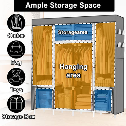 OPPAIYA Canvas Wardrobe, Fabric Wardrobes with 4 Hanging Rails, 4 Compartments and 8 Side Pockets, Zippered Pop Up Wardrobe