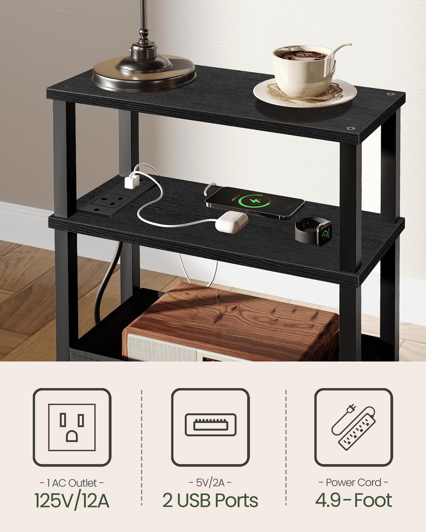 CHOEZON Slim Side Table with Charging Station, 3-Tier Narrow Side Table with Drawer, Skinny Bedside Table, End Table for Small Spaces, for Bedroom