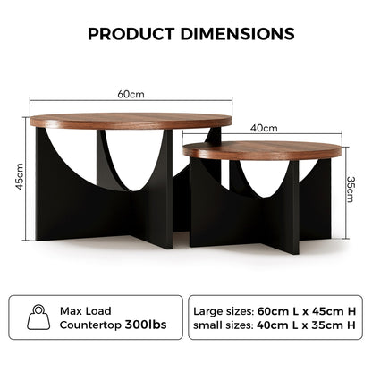 IRONCK Nesting Coffee Table Set of 2, Round Wooden Side Tables, Walnut