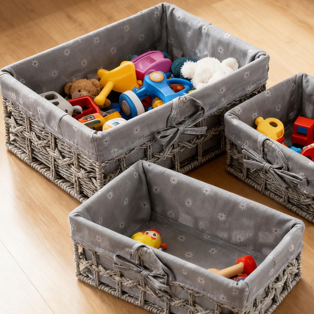 KiKiHong 3Pcs Storage Baskets,Woven Basket Boho Woven Paper Rope Organizers