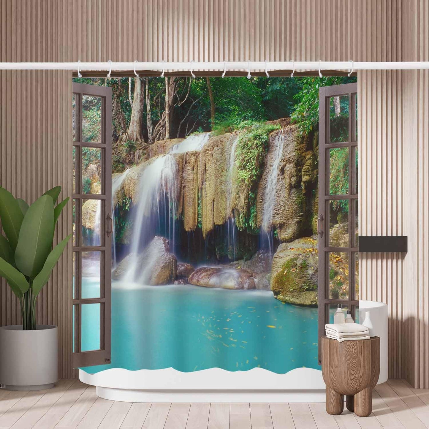 Woutay Shower Curtain Water Repellant Fabric Open Window View To Deep Jungle Waterfall,Mould Proof Resistant,Polyester,with 12 Plastic Hooks