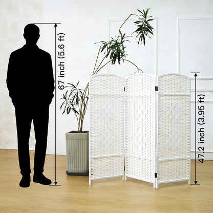 Furnnylane 3 Panel White Rattan Divider Short Room Partition Screen,Double Sided Short Folding Divider for Room Separation,120 cm Tall