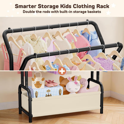 ZHKINGGS Kids Clothes Rail with Dual Rods & Storage Basket