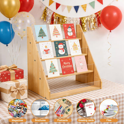 Worephu Premium 4-Tier Bamboo Acrylic Card Rack, Space-Saving Display Stand for Postcards, Greeting Cards, Brochures & Picture