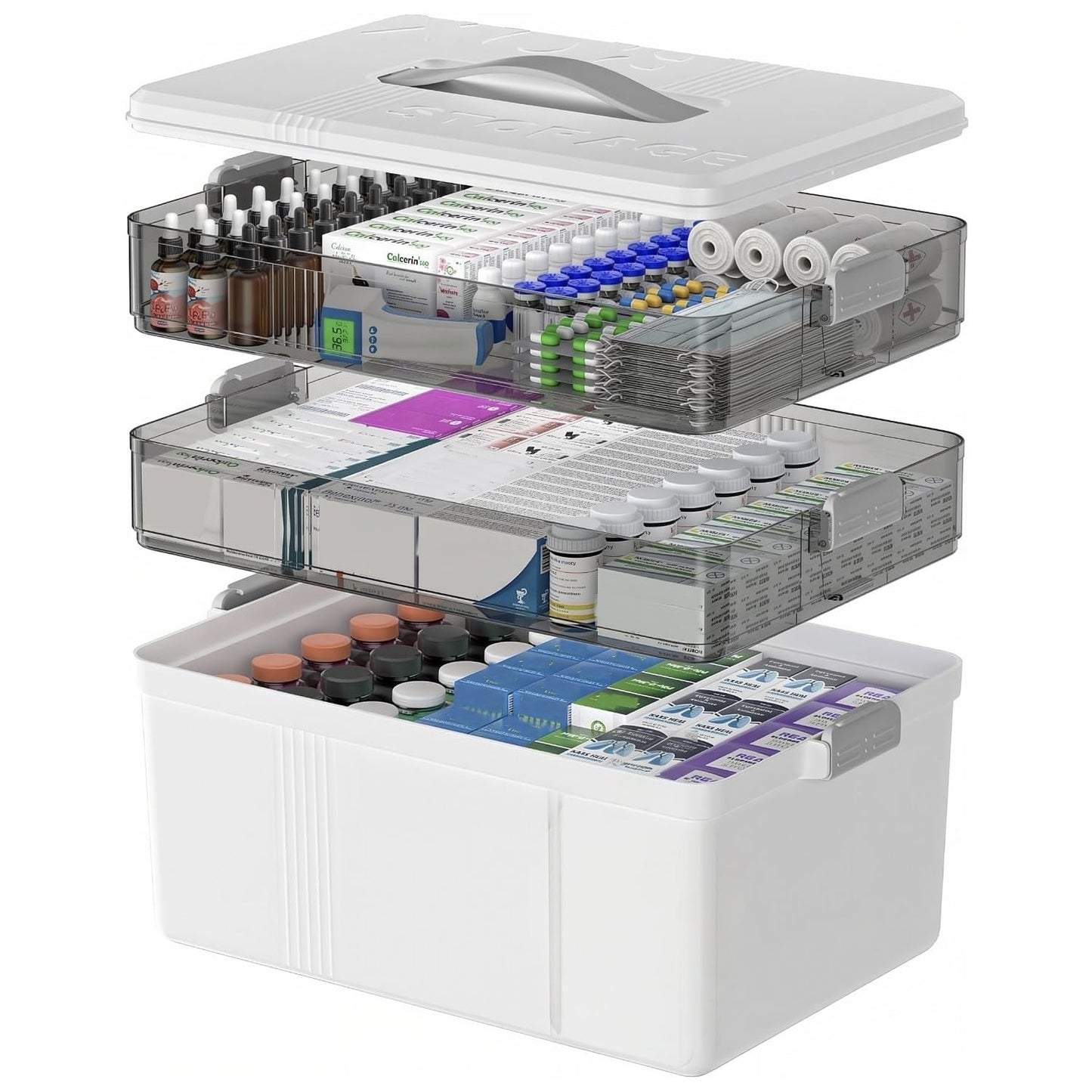 Goevcclei Medicine Storage Box, medicine storage, 3 Layer Medicine Box, medical box, Household Muti Grid Plastic Container Box, Large capacity