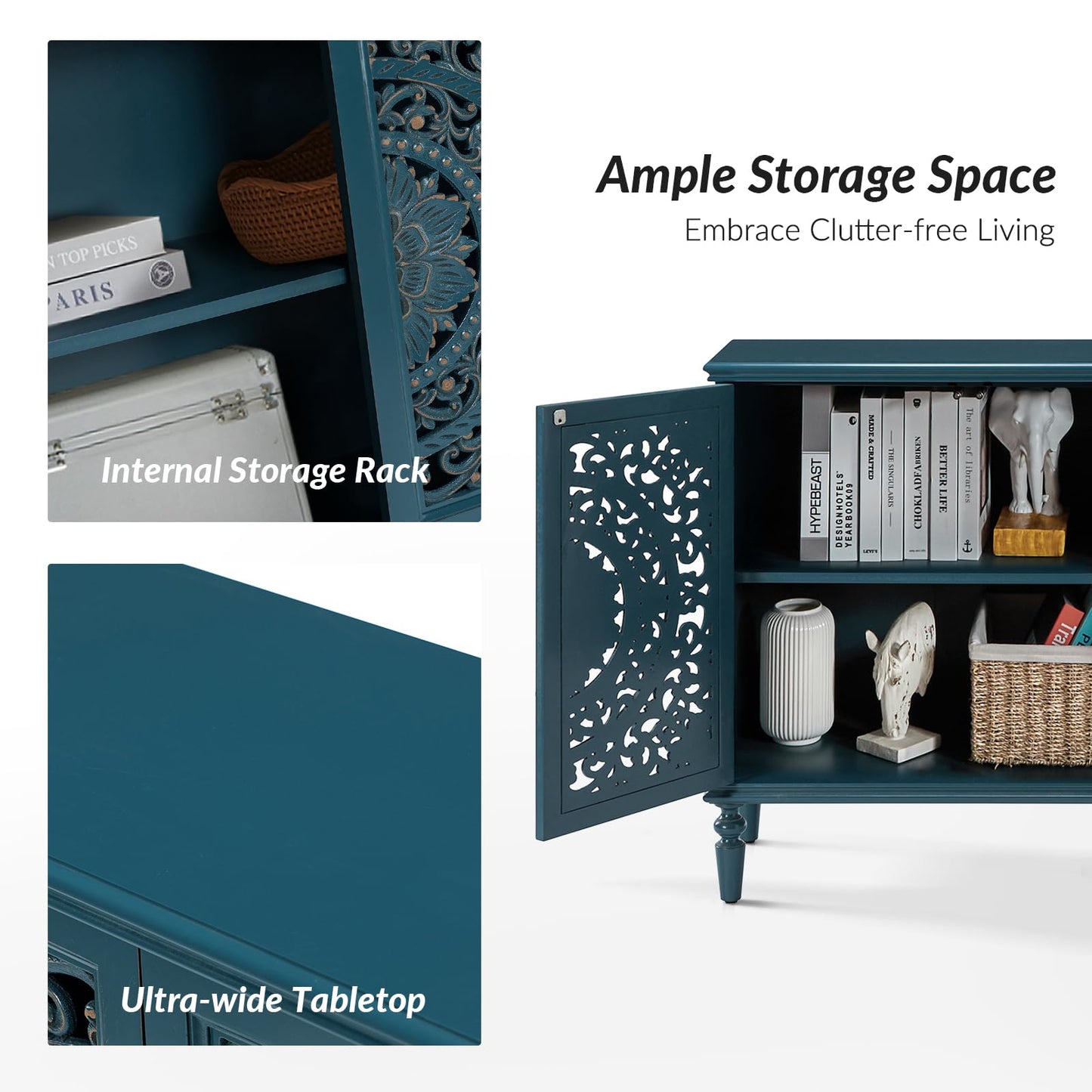HULALA HOME Vintage Wooden Sideboard Cabinet with Floral Carved Doors, Blue