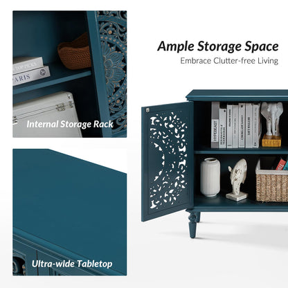 HULALA HOME Vintage Wooden Sideboard Cabinet with Floral Carved Doors, Blue