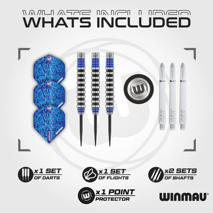 WINMAU Advance 500 Series Tungsten Blue 24 Gram Steeltip Darts Set with Flights and Shafts (Stems)