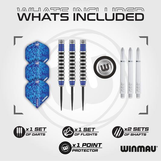 WINMAU Advance 500 Series Tungsten Blue 24 Gram Steeltip Darts Set with Flights and Shafts (Stems)