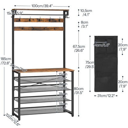 HOOBRO Coat Stand, Coat Rack with Shoe Storage, Hall Tree with Tiltable Mesh Shelves, 4 Removable Hooks, Side Storage Pocket