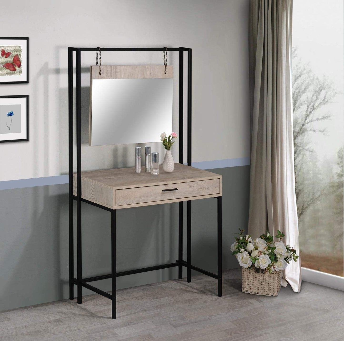 Timber Art Design UK Zahra Dressing Table Vanity Makeup Table Set with Mirror & Drawer Ash Oak Effect Modern Furniture for Bedroom, Living Room, Home