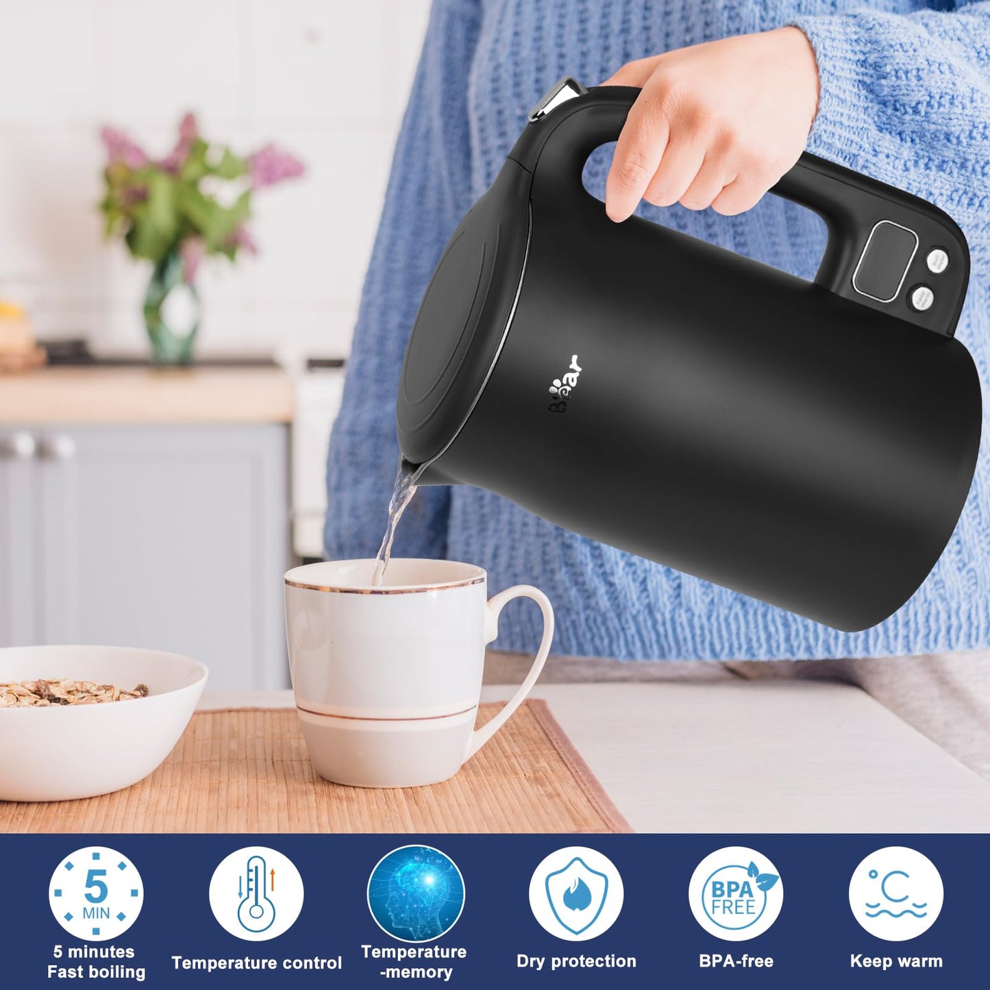 Bear Electric Kettle 1.7L 40C~100C 12 Temperatures Control Kettle Digital Display with Keep Warm Function,1800w 304 Stainless Steel Fast Boil Black