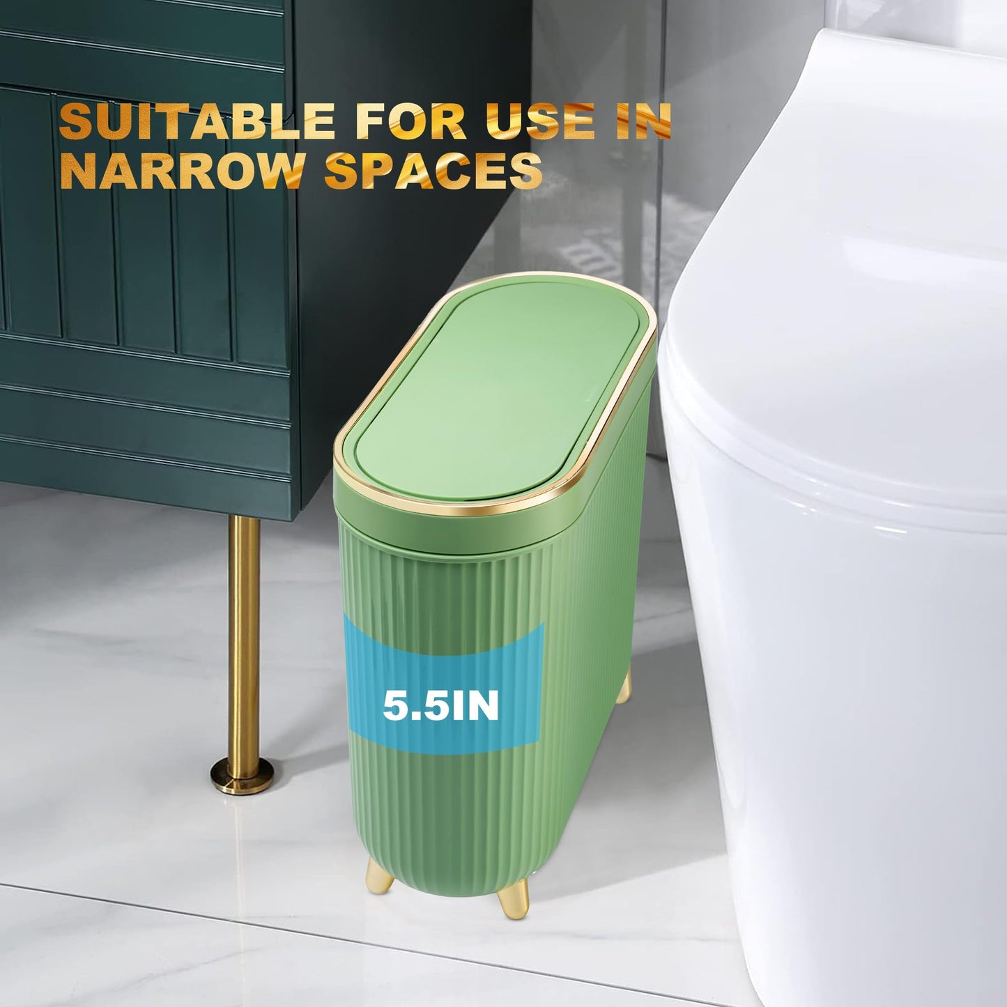 SULIFEEL Bathroom Trash Can with Lid, 3.2 Gallon/12L Green
