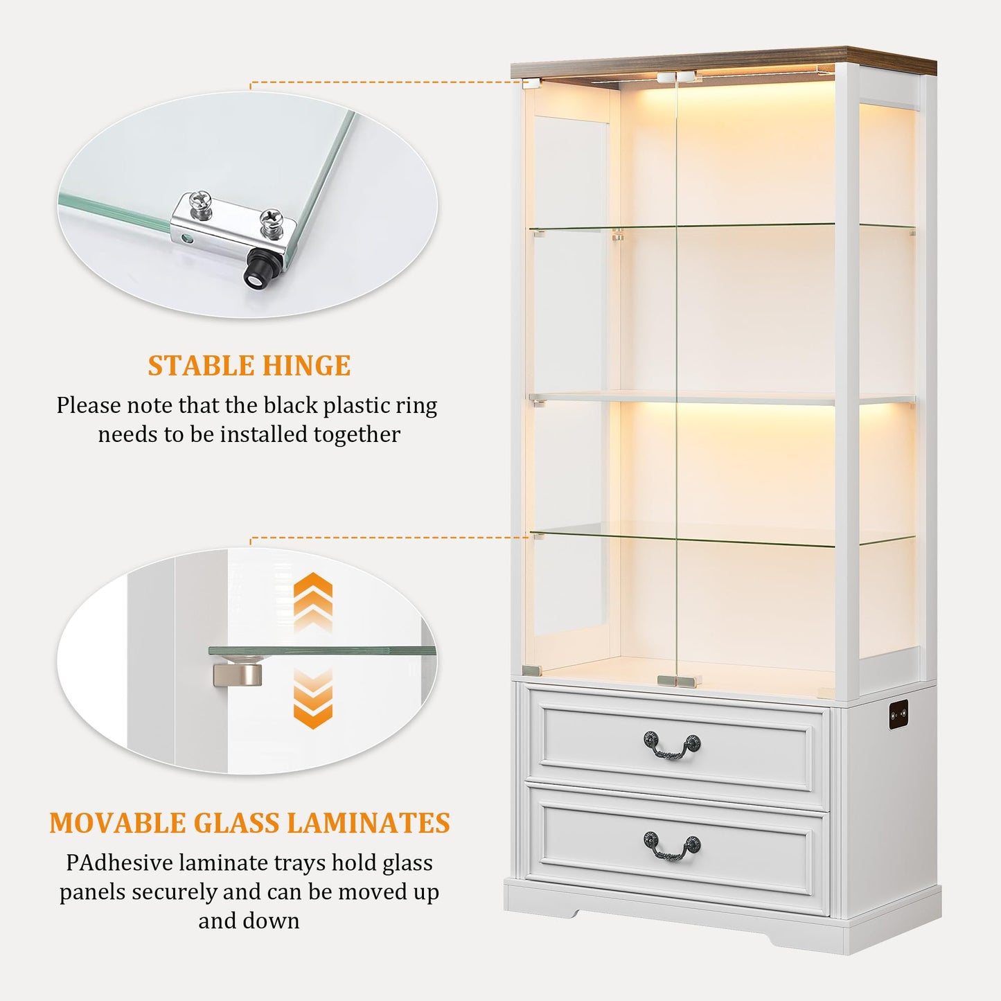 FREDEES LED Display Cabinet with Glass Doors and Drawers, White