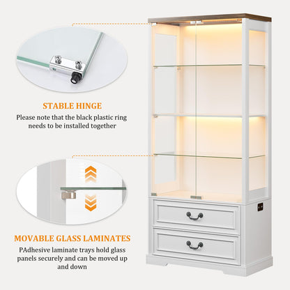 FREDEES LED Display Cabinet with Glass Doors and Drawers, White