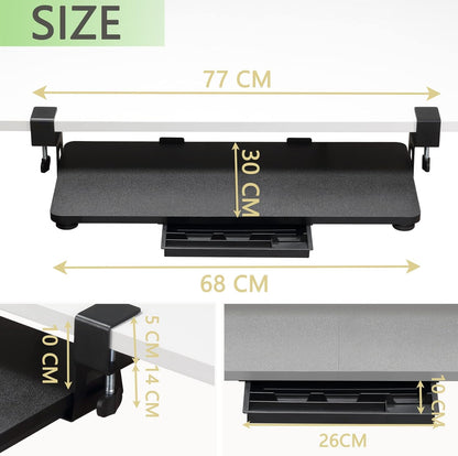 ETHU Under Desk Keyboard Tray, 68x30cm Ergonomic Pull-out Tray with C-Clamp Large Size Keyboard Tray Mount Easy to Install
