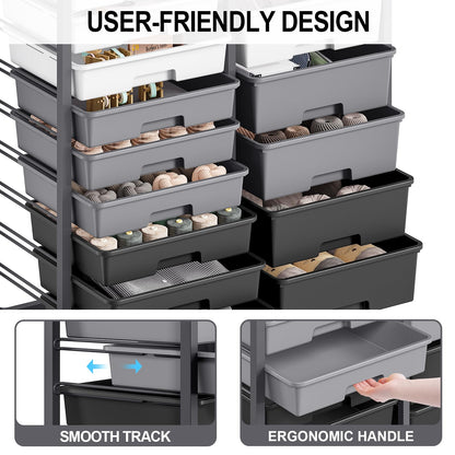 Rolling Storage Cart with 14 Drawers, Storage Organizer Cart with Tabletop and Pegboard,Utility Cart for Living Room, Classroom