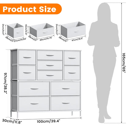 Feonase Chest of Drawers,Bedroom Tall Dresser with 11 Fabric Drawers, Metal Frame & MDF Wood Top, Adjustable Feet, Storage Organizer Unit for Bedroom