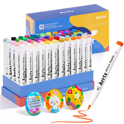 Arrtx 60 Colours Acrylic Markers Paint Pens, Paint Marker Pens Brush Tip,Permanent Rock Painting Pens for Wood, Canvas, Stone, Rock Painting, Glass,