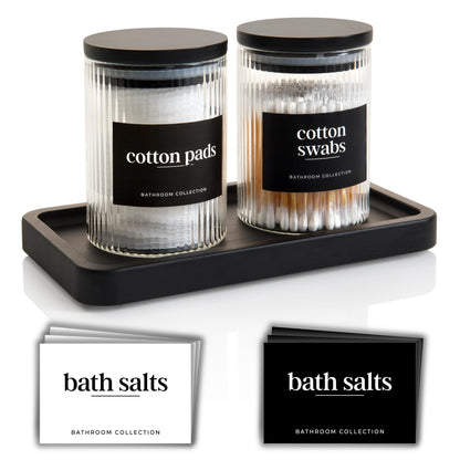 Mason & Fable Ribbed Glass Bathroom Jars with Airtight Black Bamboo Lids | Cotton Pad/Buds/Q tip Holder