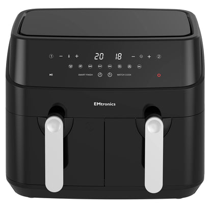 EMtronics EMAFDD9L Dual Air Fryer Extra Large Family Size Double XL 9 Litre with 8 Adjustable Pre-Set Menus for Oil Free & Low Fat Healthy Cooking,