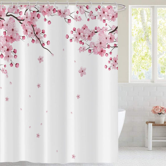 Hnmdmyi Cherry Blossom Shower Curtain 180x200, Pink Floral Shower Curtains Japanese Asian Style Sakura Art Bathroom Curtains with Hooks Waterproof