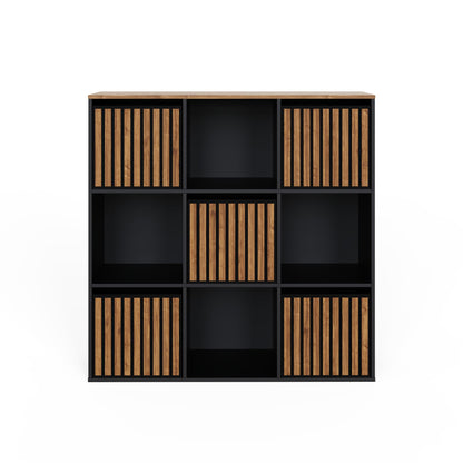GFW Kube Cube 3x3 Storage Unit, Black & Walnut Effect Shelving Unit with Open & Hidden Storage