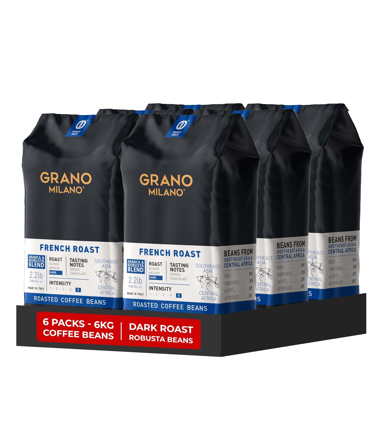 Grano Milano Coffee Beans 6kg (6 x 1kg Bags) French Roast Robusta Blend, Dark Roast, Intensity 10/10 Extra Strong Coffee, Made in Italy