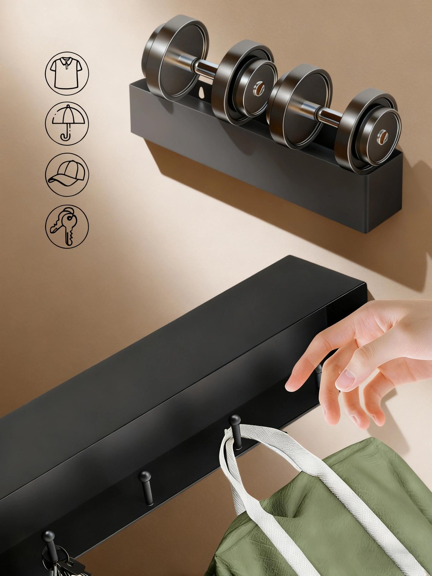 WJUAN Wall Mounted Coat Rack with Shelf, 5-Hook Coat Hook Rail, Space Saving Jacket & Scarf Holder for Hallway, Bedroom, Matte Black