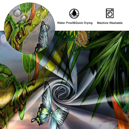 SDOTPMT 90x183cm Frog Shower Curtain Butterfly Cute Funny Animal Green Plant Leaves Flower Bath Curtain Summer Forest Natural Scenery Bathtub Curtain