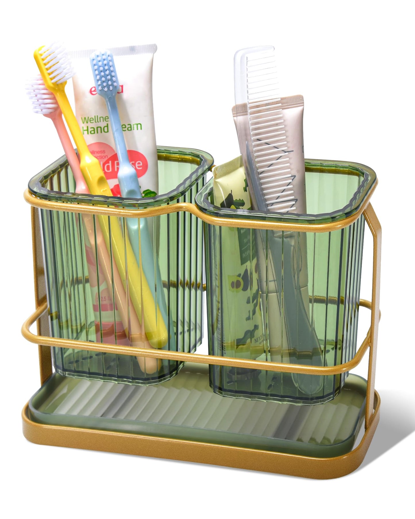 KONE Green Toothbrush Holders for Bathrooms, 2 Cups Toothbrush Holders Wall Mounted, Dry & Wet Separation, Bathroom Organizers and Storage, Bathroom