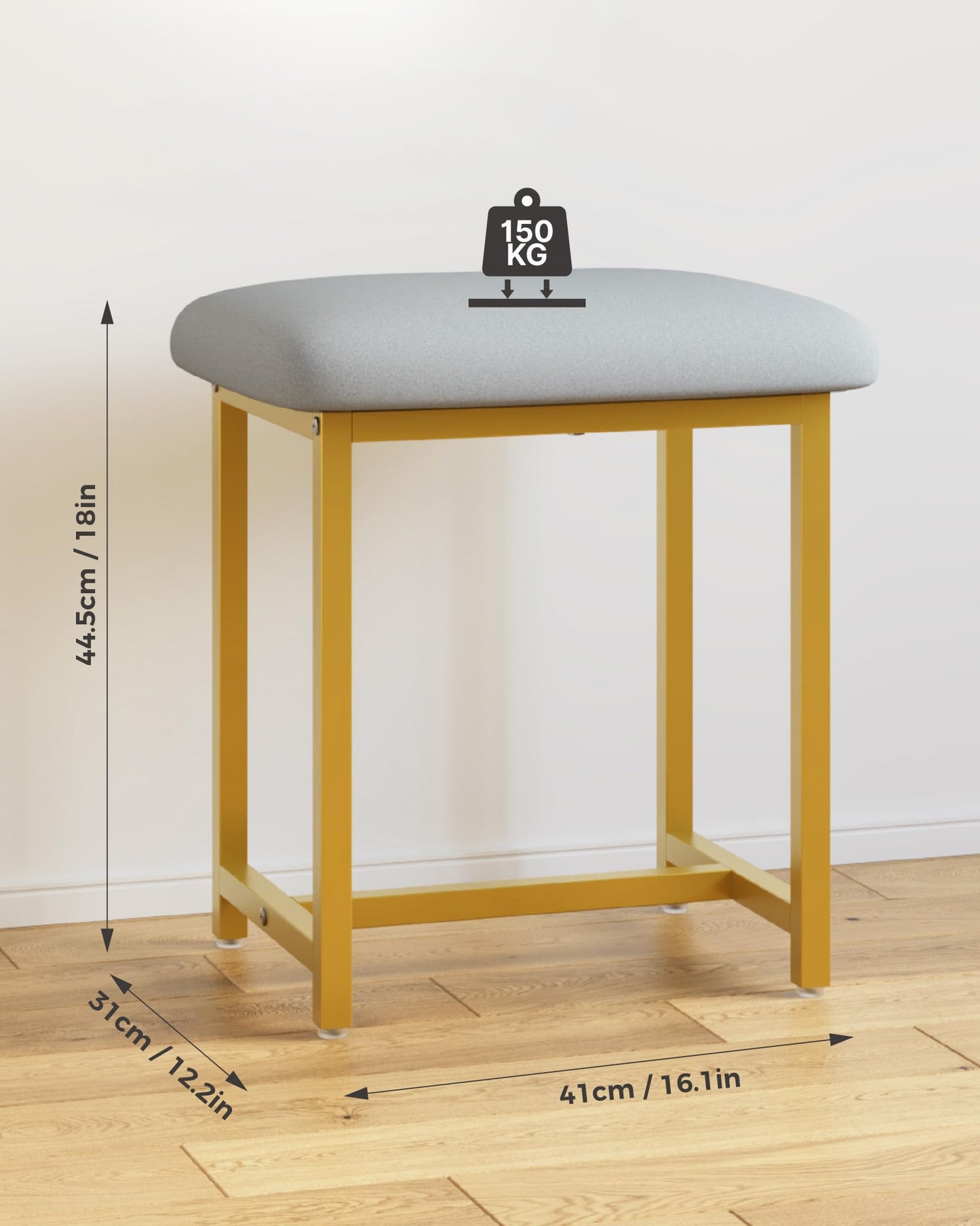 Mondeer Dressing Table Stool, Foot Stool with Gold Legs, White Soft Padded Vanity Stool for Bedroom Modern Style, 41 x 30 x 45cm
