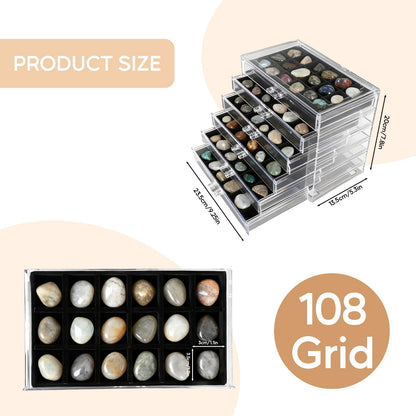 Rock Display Case, 6 Drawers 108 Grids Rock Collection Box Rock Collection Display Case Clear Crystals display Case Storage Cases for Small Rocks