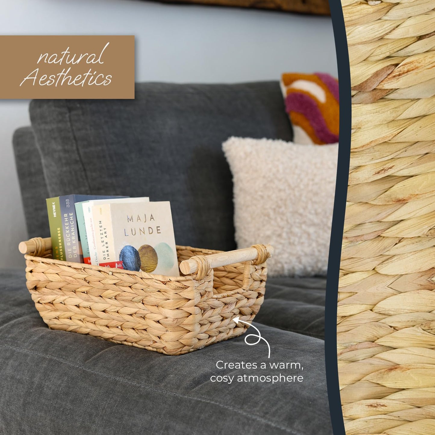 HMF Storage basket woven from water hyacinth, decorative basket with wooden handles for storage in the bathroom, living room, kitchen