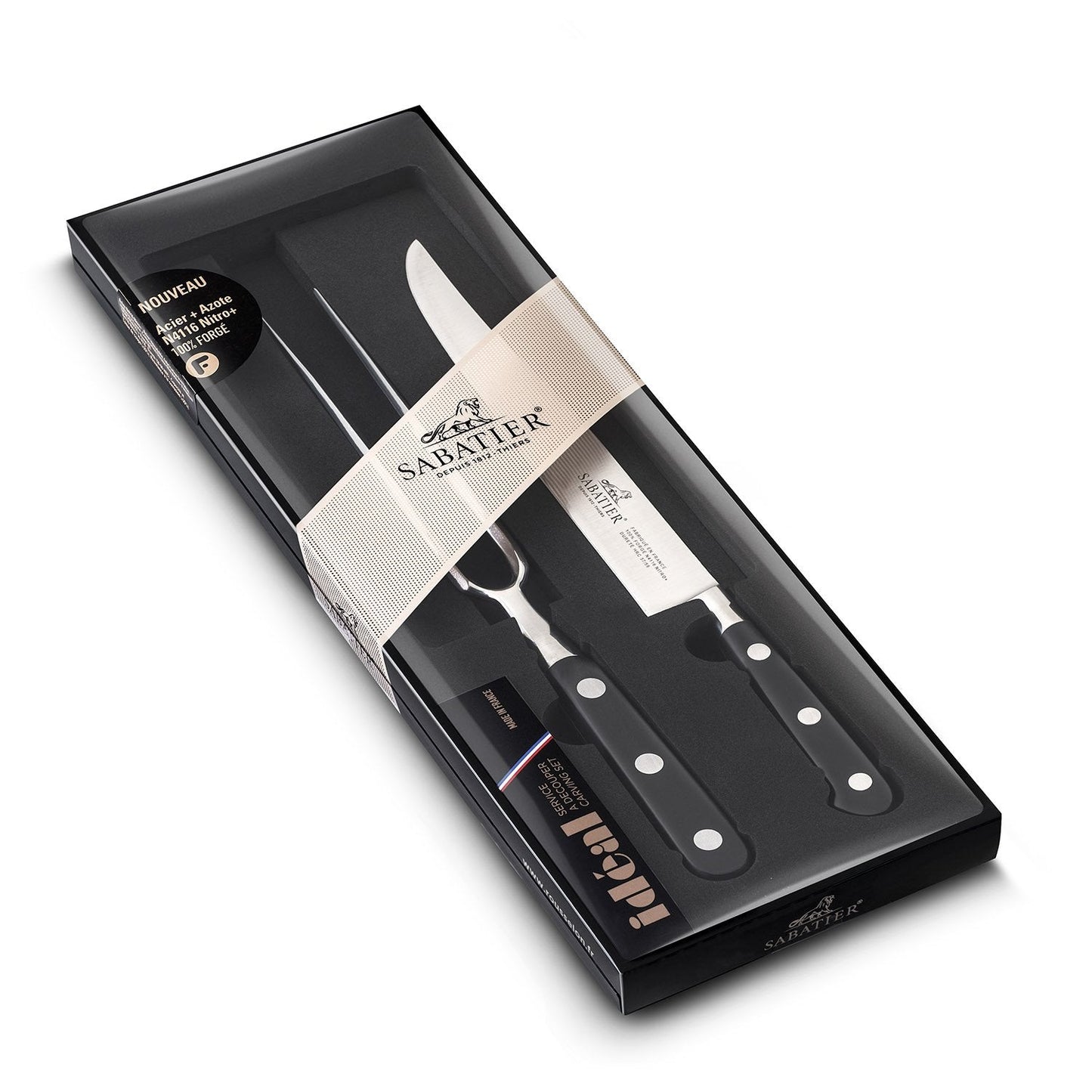 SABATIER - Meat Carving Set with 1 Slicing Knife and 1 Carving Fork, 100% forged, stainless steel blades, black POM handles