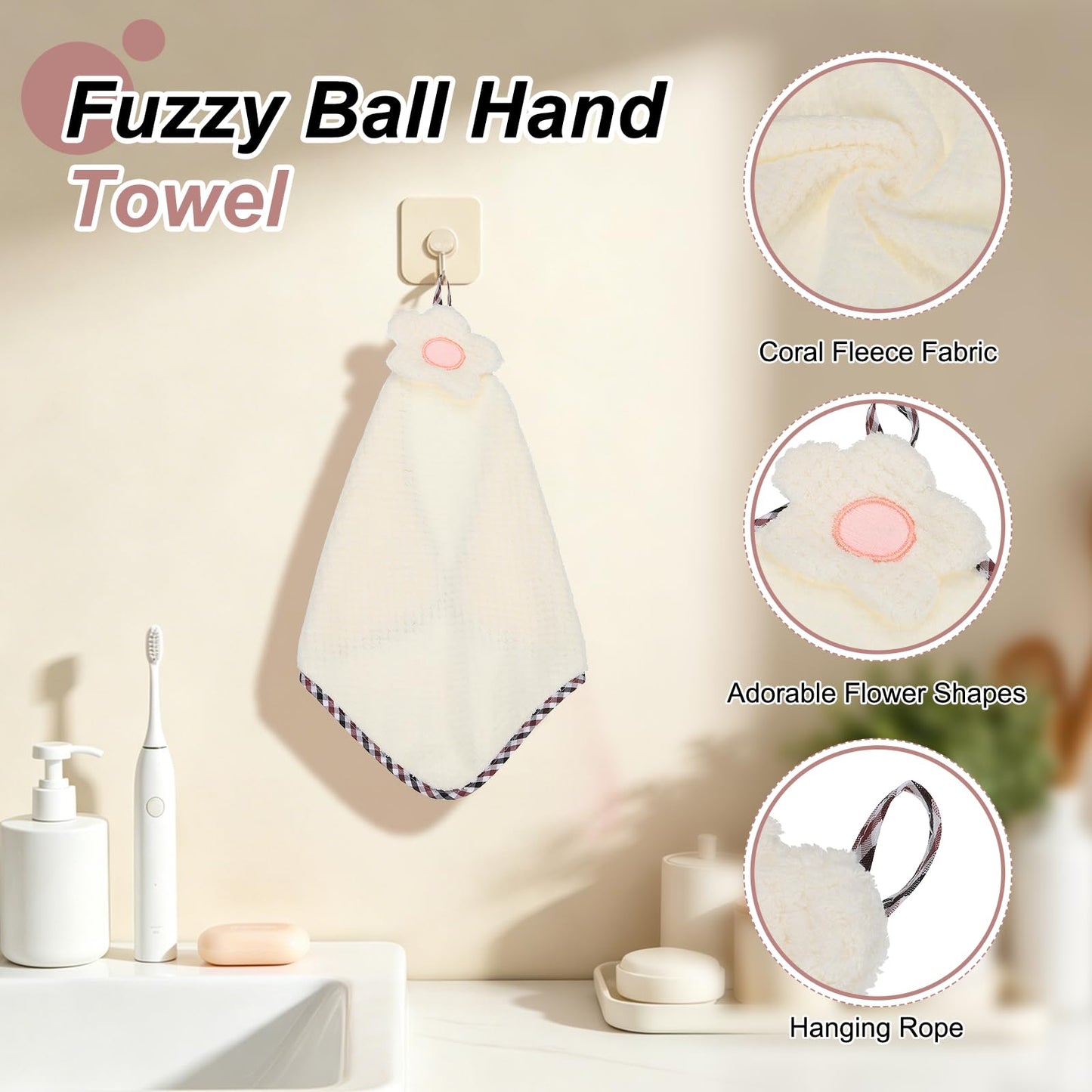 sourcing map Hand Towel, Soft Coral Fleece Hand Towels with Hanging Loop Decorative Flower Pattern Quick-Drying and Washable for Home Bathroom