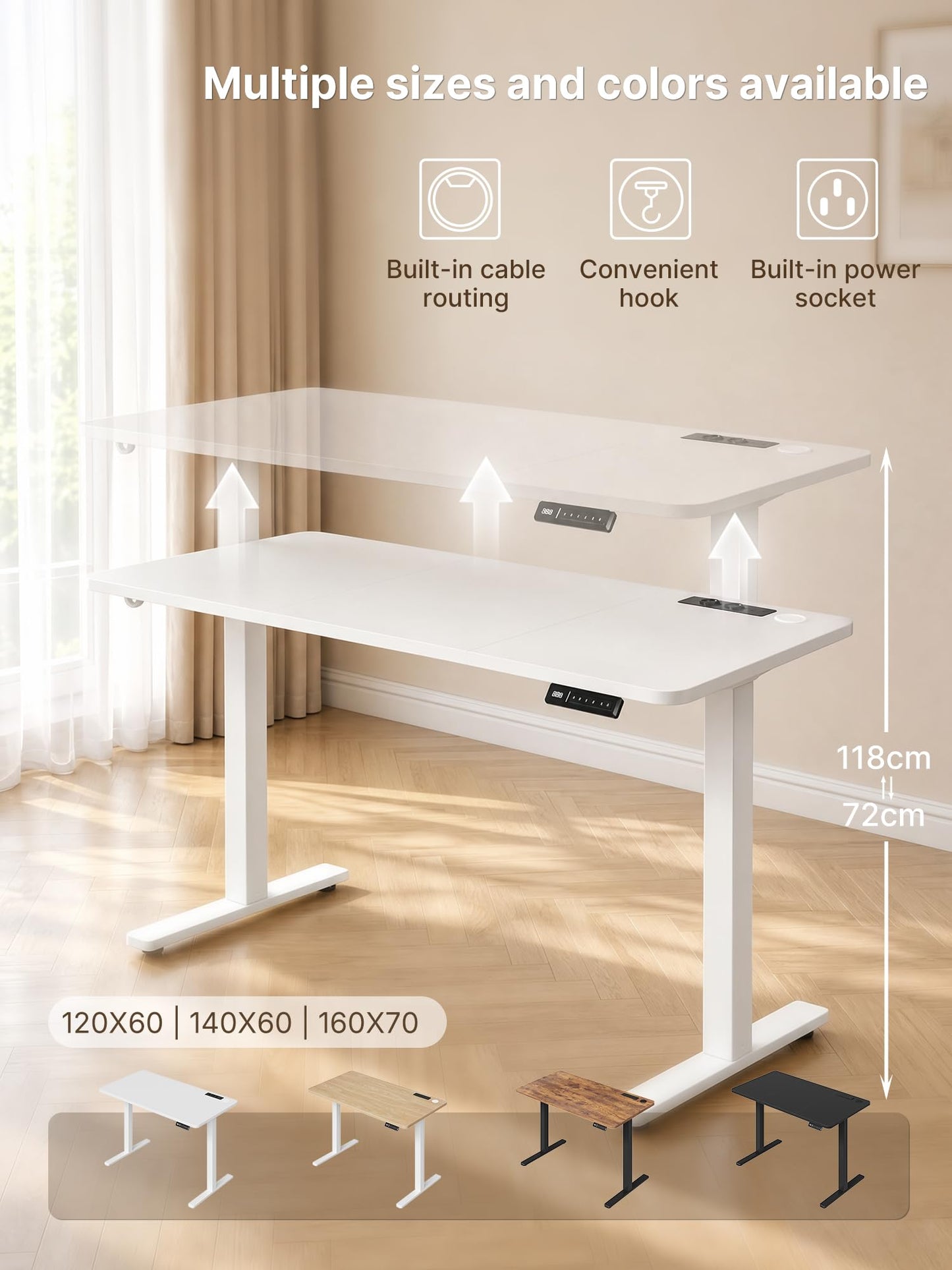 JUMMICO Standing Desk with Power Outlet 140 x 60 cm, Electric Height Adjustable Desk with 4 Memory Function, Sit-Stand Office Desk