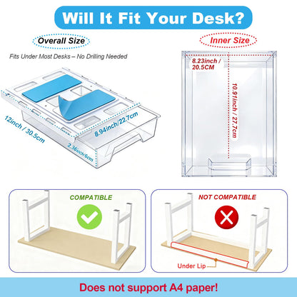 Hi-ERA 10.91"x 8.23" Under Desk Drawer Storage Organizer, Durable PC Material Self-Adhesive with Slide Out Rail